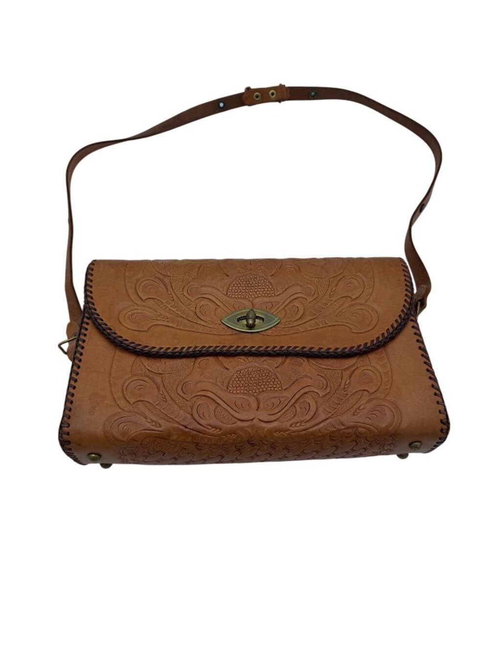Womens Tooled Leather Shoulder Bag Tan Adjustable Strap Intricate Floral Design